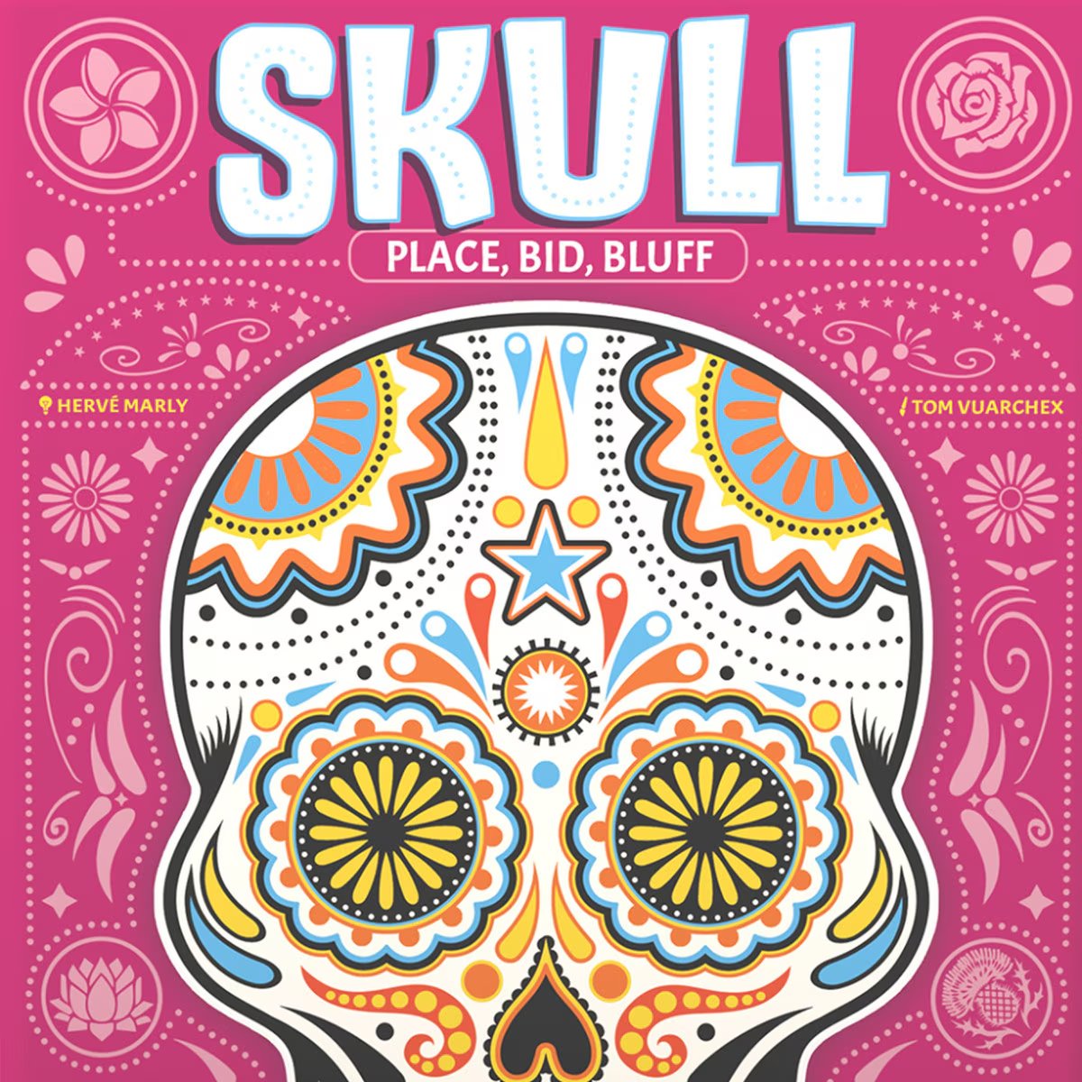 Skull bluffing game cover art with sugar skull design