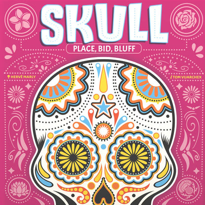 Skull bluffing game cover art with sugar skull design