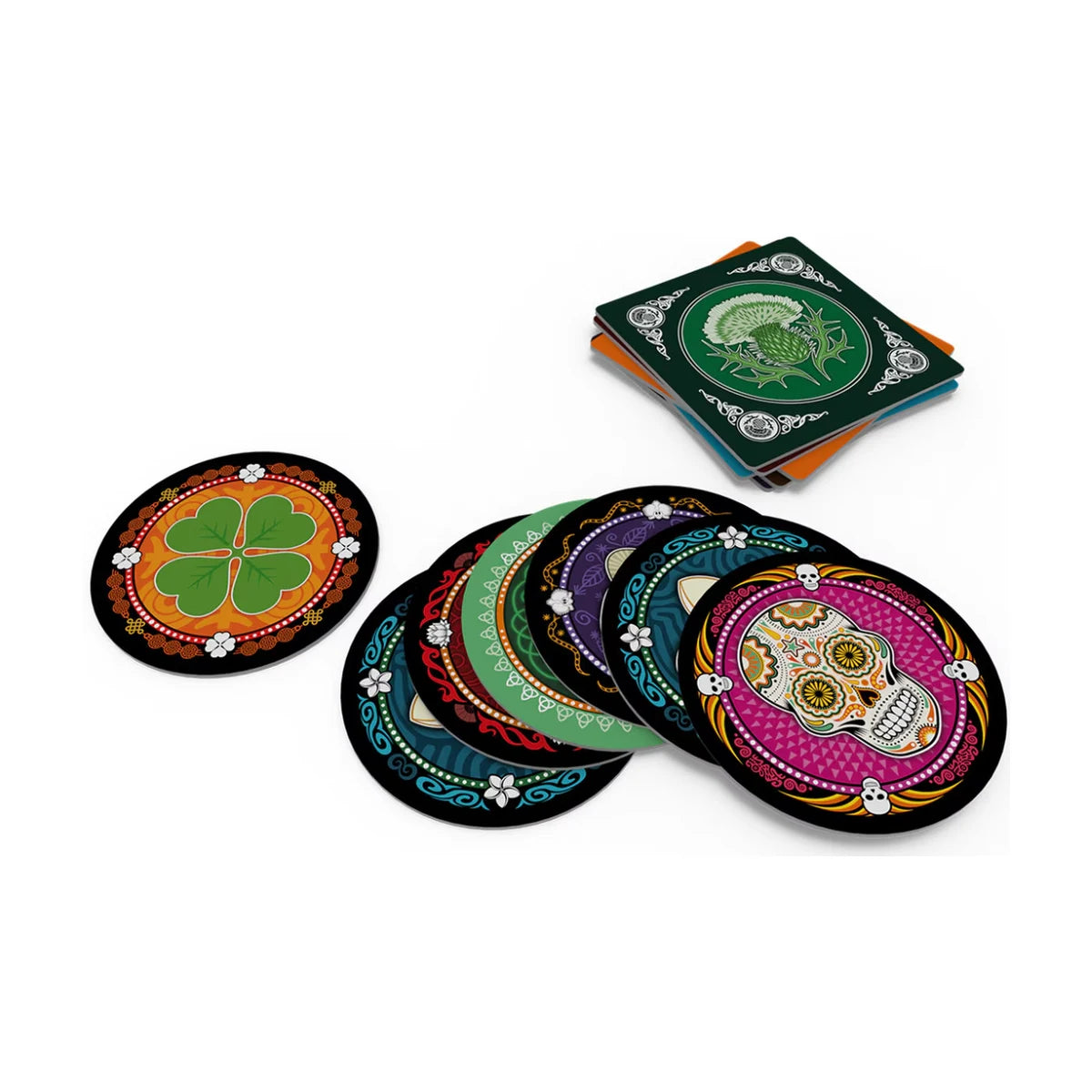 Skull bluffing game close-up of decorative discs and cards