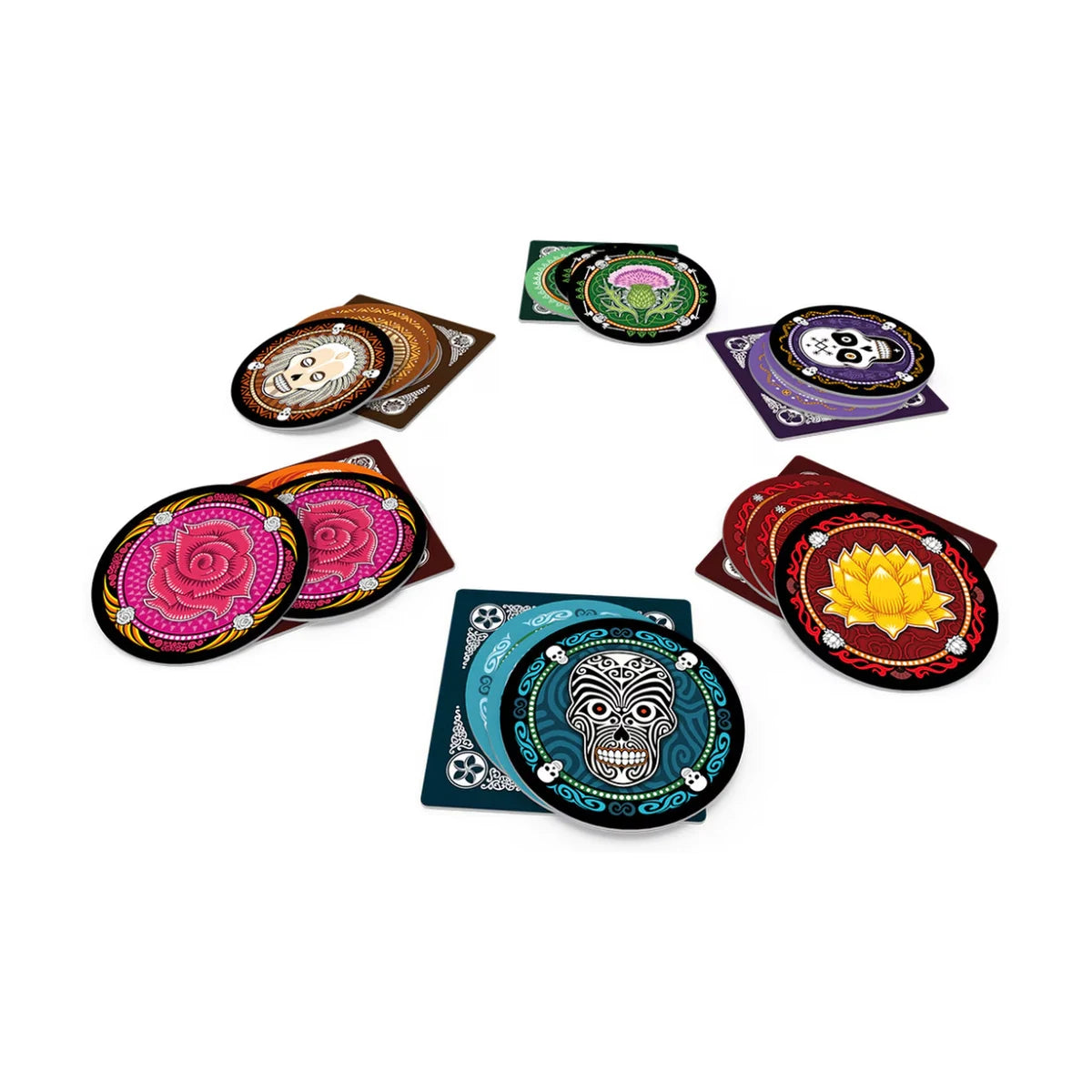 Skull bluffing game player disc sets laid out