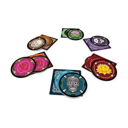 Skull bluffing game player disc sets laid out