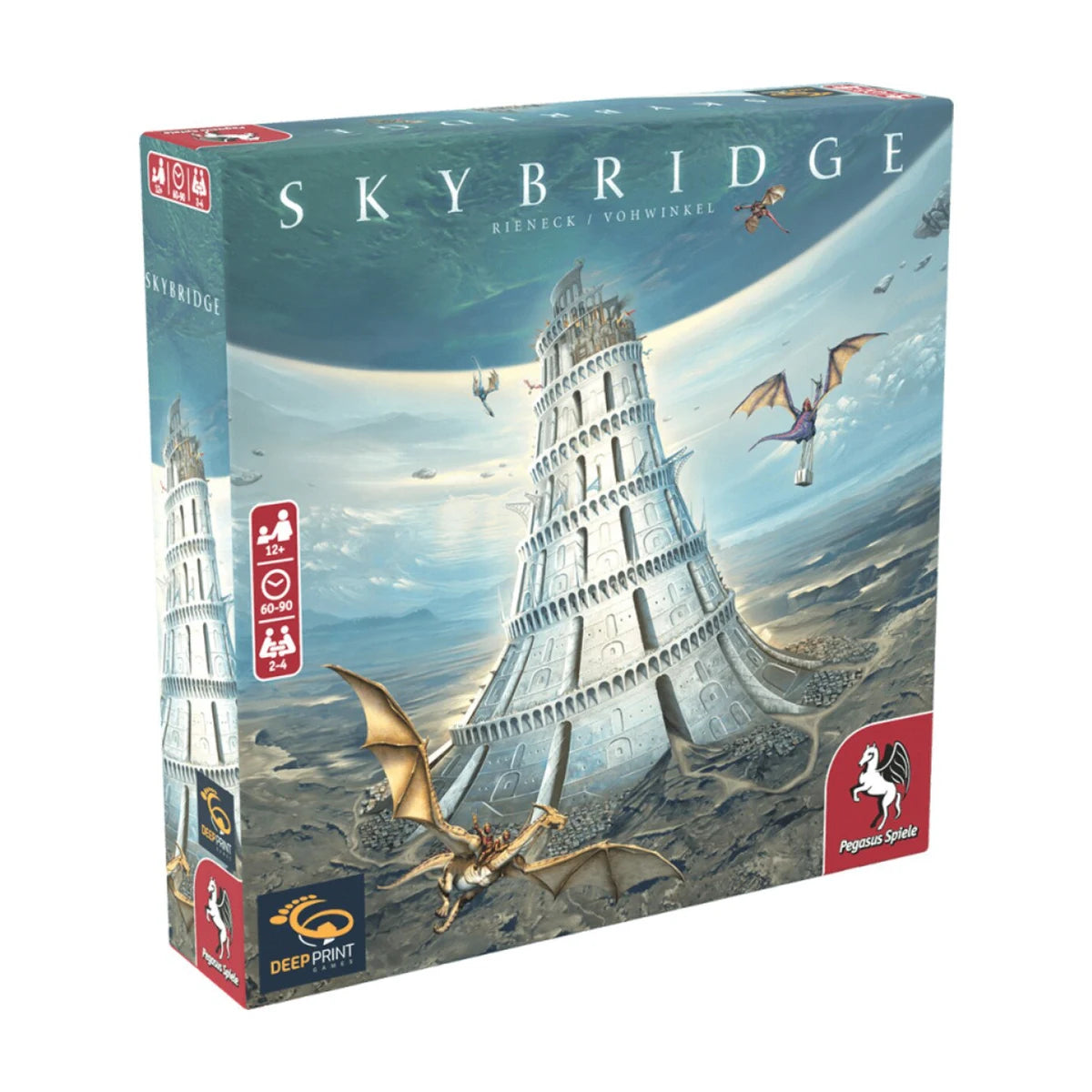 Skybridge strategy board game box showing a fantasy tower bridge and flying dragons