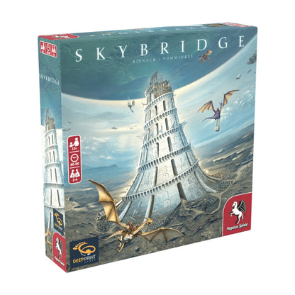 Skybridge strategy board game box showing a fantasy tower bridge and flying dragons