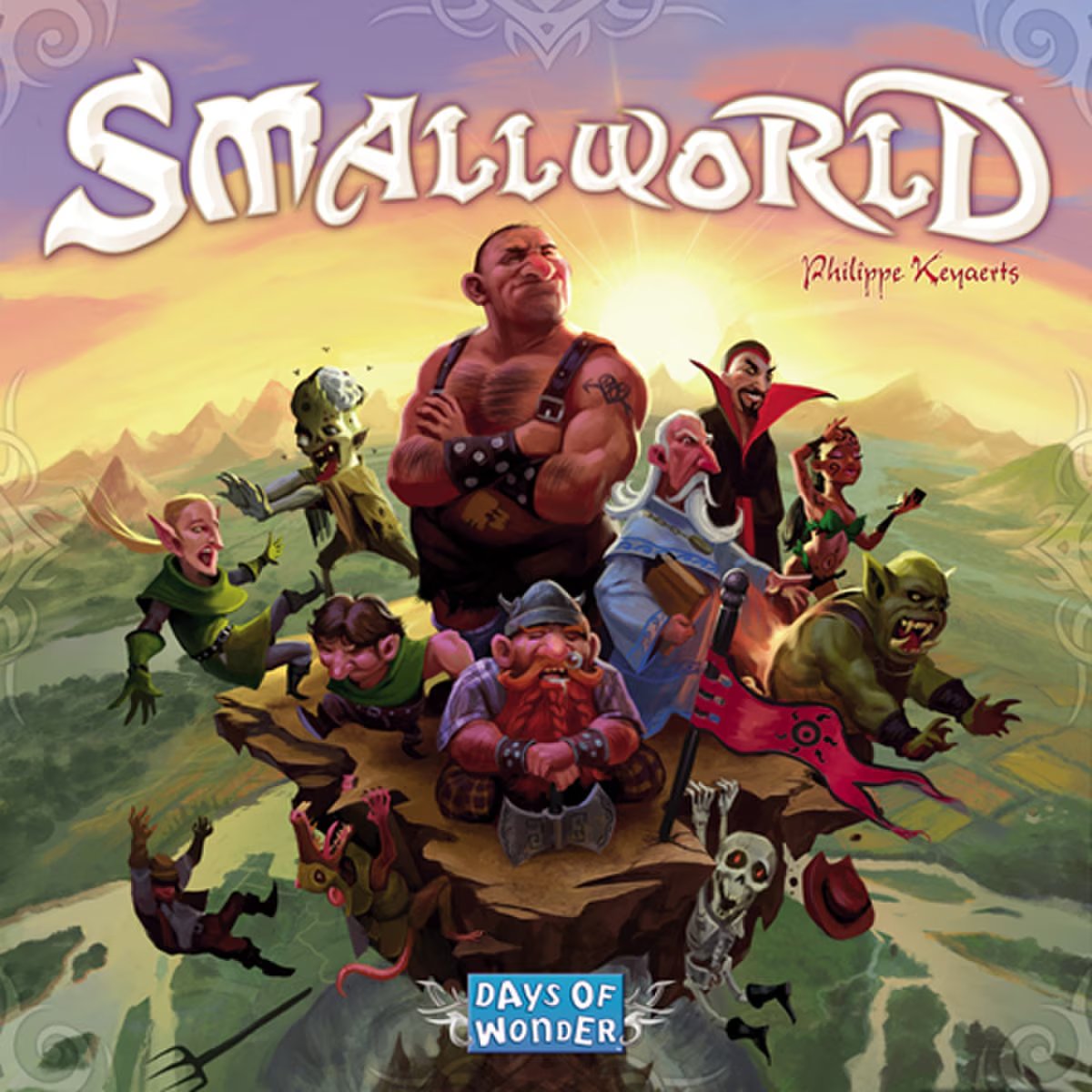 Small World fantasy strategy board game cover art with races and characters