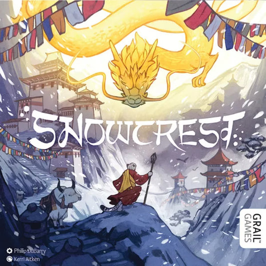 Snowcrest board game box showing a snowy mountain village scene with a golden dragon above the title