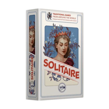 Solitaire traditional solo card game box front by IELLO with blue floral artwork