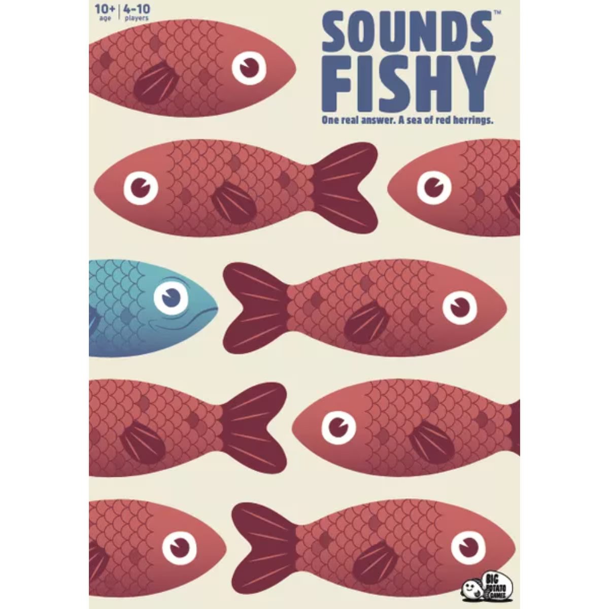 Sounds Fishy bluffing party game front cover showing one blue fish among red herrings