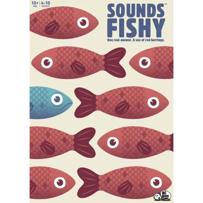 Sounds Fishy bluffing party game front cover showing one blue fish among red herrings
