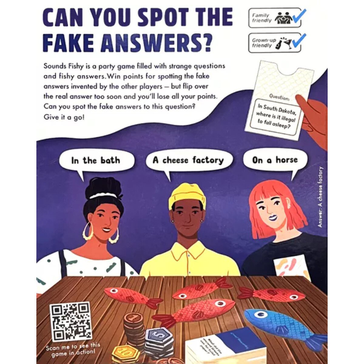 Sounds Fishy how to play image showing fake answers red herrings and party game guessing rules