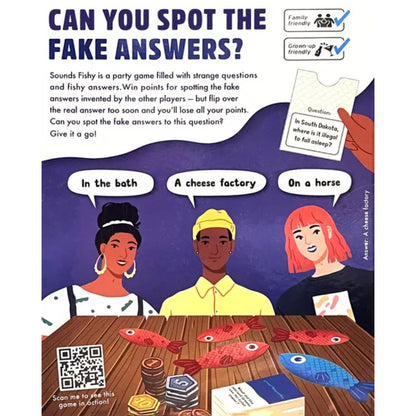 Sounds Fishy how to play image showing fake answers red herrings and party game guessing rules