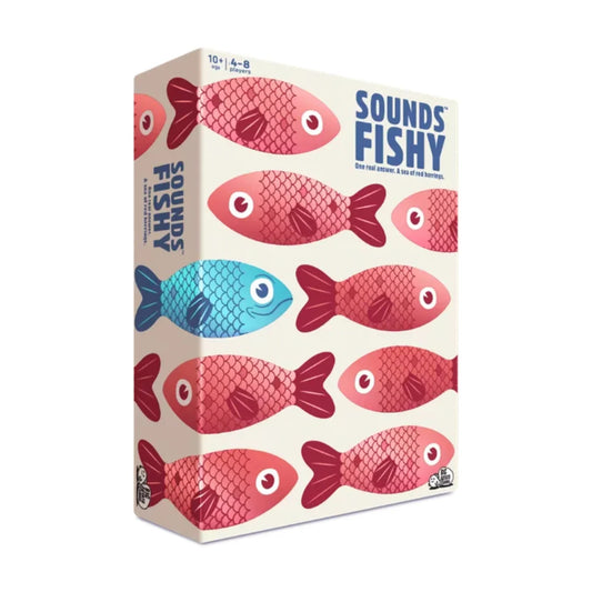 Sounds Fishy party game front box with red and blue fish artwork for bluffing family game nights