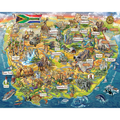 Full artwork of South Africa Landmarks 1000pc jigsaw puzzle featuring cities, wildlife, coastlines and famous landmarks