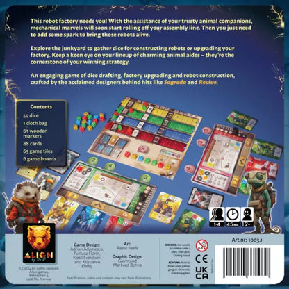 Sparks board game box back showing player boards, colourful dice, cards and game components