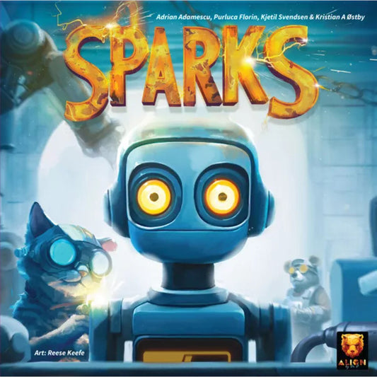 Sparks board game box front featuring a robot and animal assistants inside a factory