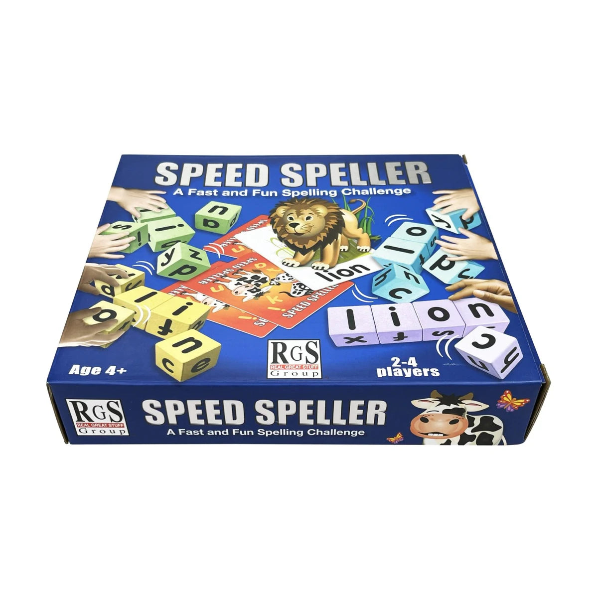 Speed Speller game box showing fast spelling challenge for 2 to 4 players age 4 plus