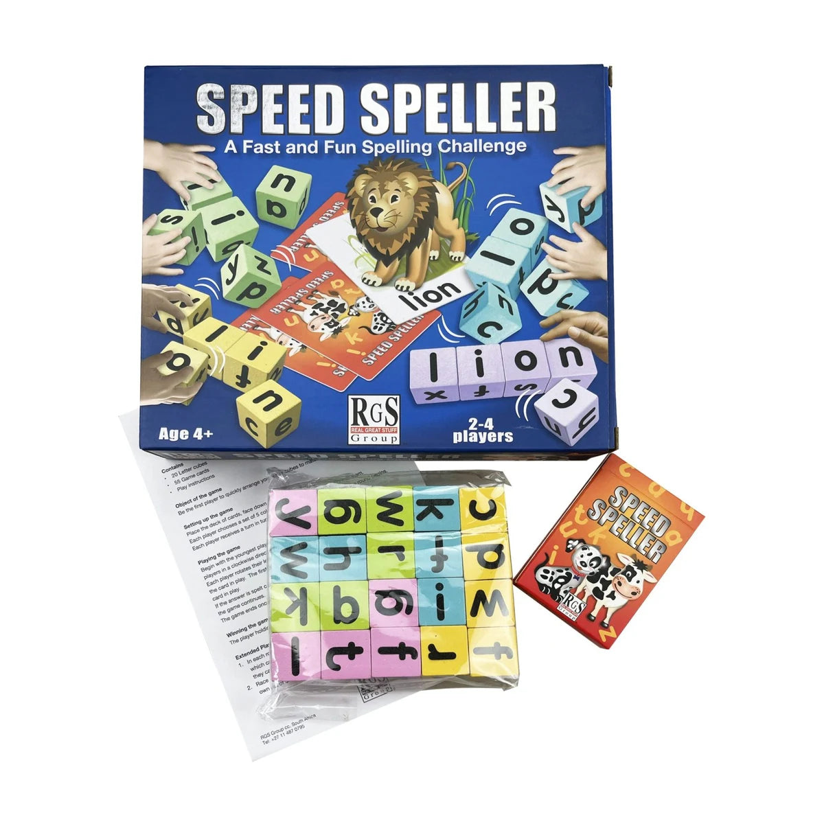 Speed Speller spelling game with box, wooden letter cubes, cards and instructions