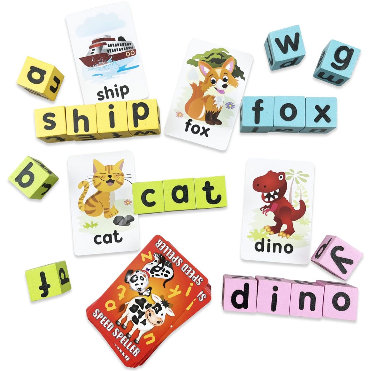 Speed Speller gameplay layout with word cards and colourful wooden letter cubes