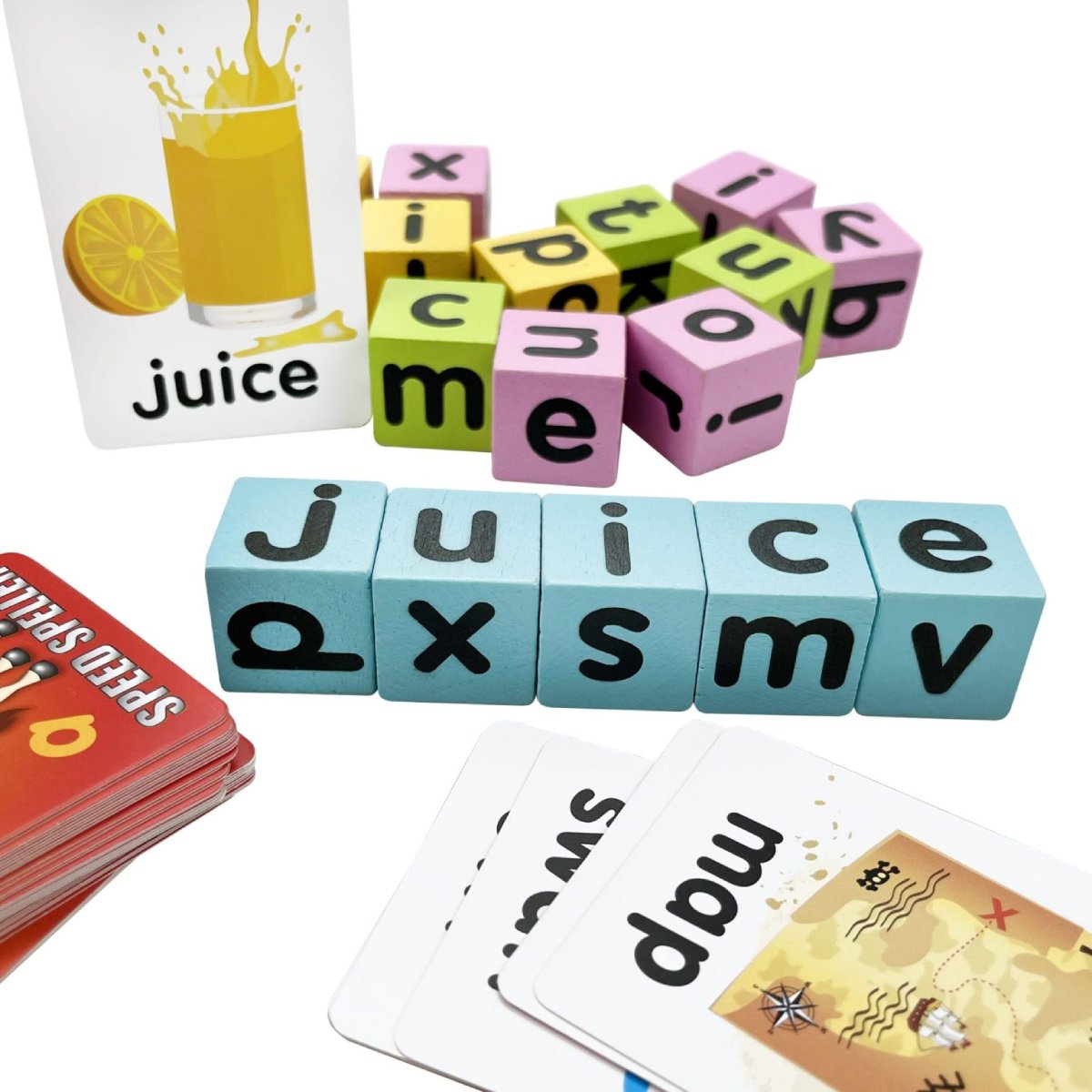 Speed Speller close-up showing juice word card and blue wooden letter cubes