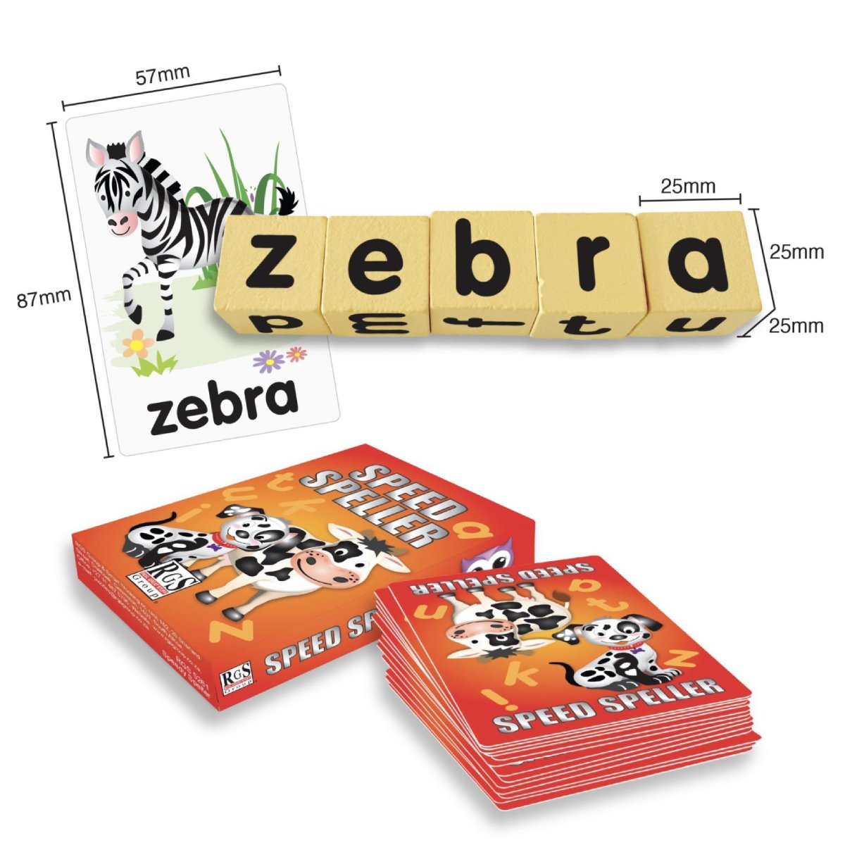 Speed Speller size guide showing 57 by 87 mm cards and 25 mm wooden letter cubes