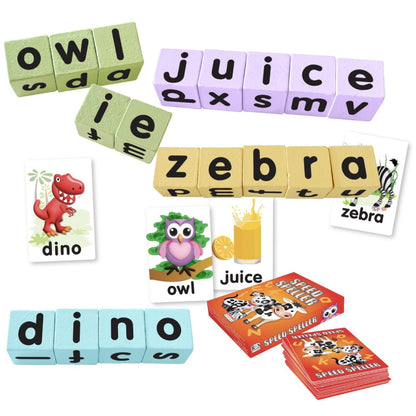 Speed Speller wooden letter cubes spelling owl, juice, zebra and dino with picture cards