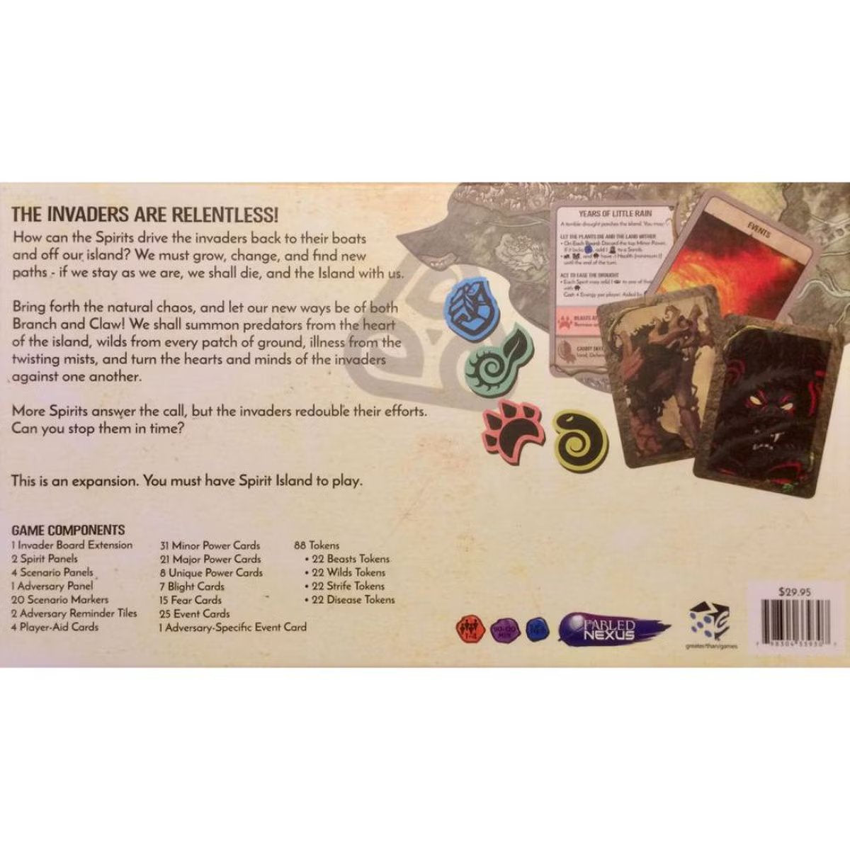 Spirit Island Branch and Claw expansion box back showing new Spirits, Events, tokens and components
