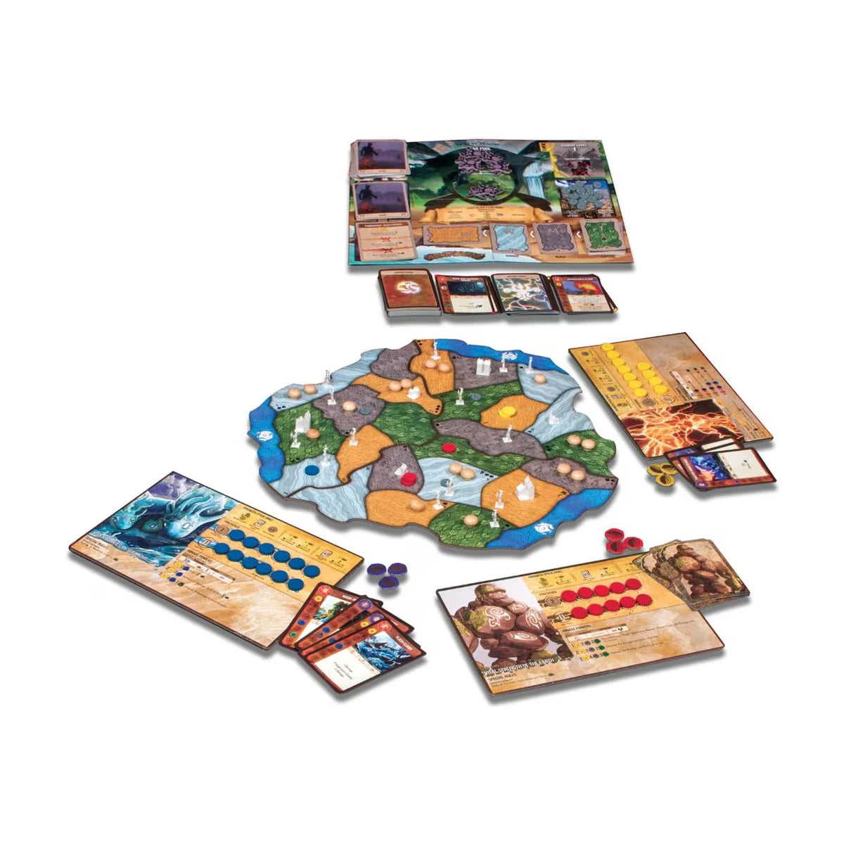 Spirit Island board game box with components and island boards