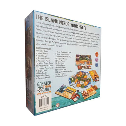 Spirit Island board game box back with contents and game details
