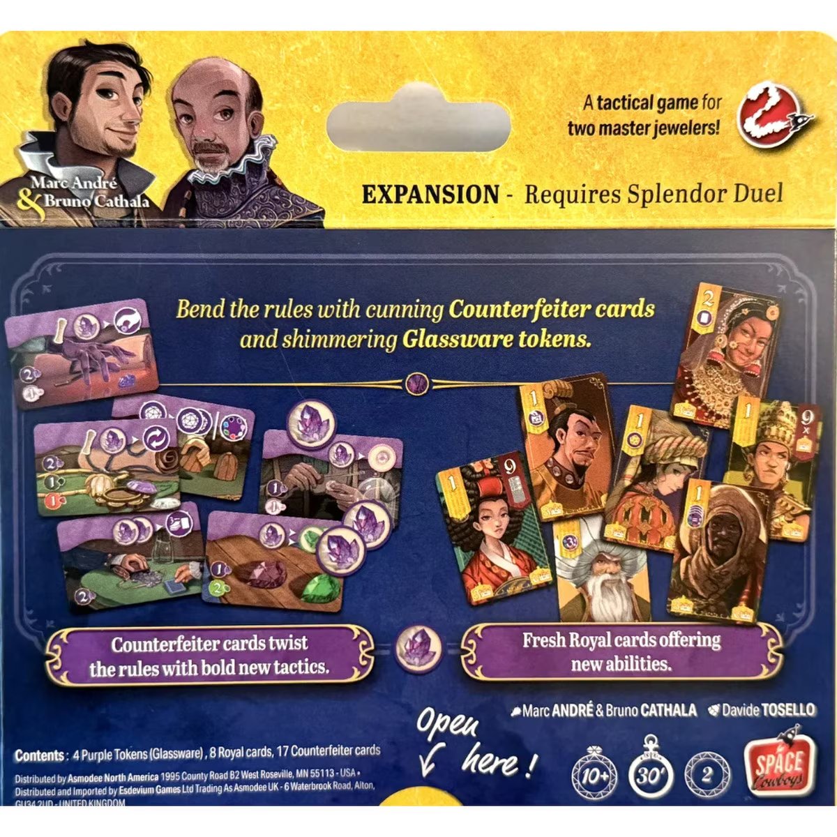 Splendor Duel The Counterfeiters expansion back showing Glassware tokens, Counterfeiter cards and new Royal cards