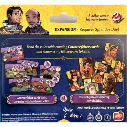 Splendor Duel The Counterfeiters expansion back showing Glassware tokens, Counterfeiter cards and new Royal cards
