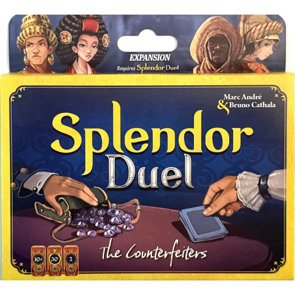Splendor Duel The Counterfeiters board game expansion pack featuring purple Glassware gems and Royal characters