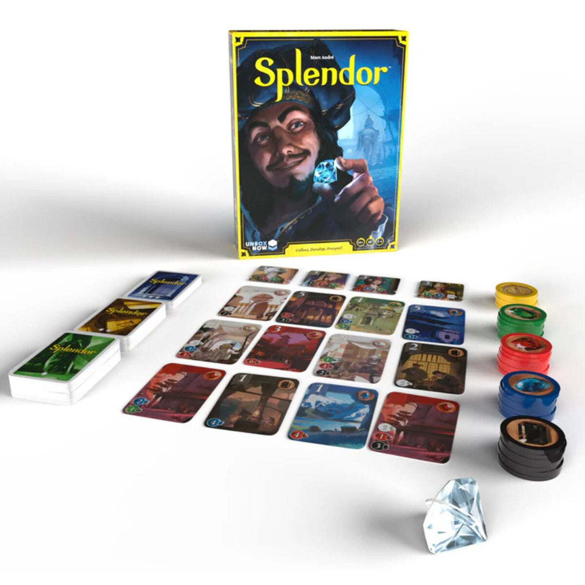 Splendor board game box with cards tokens and components