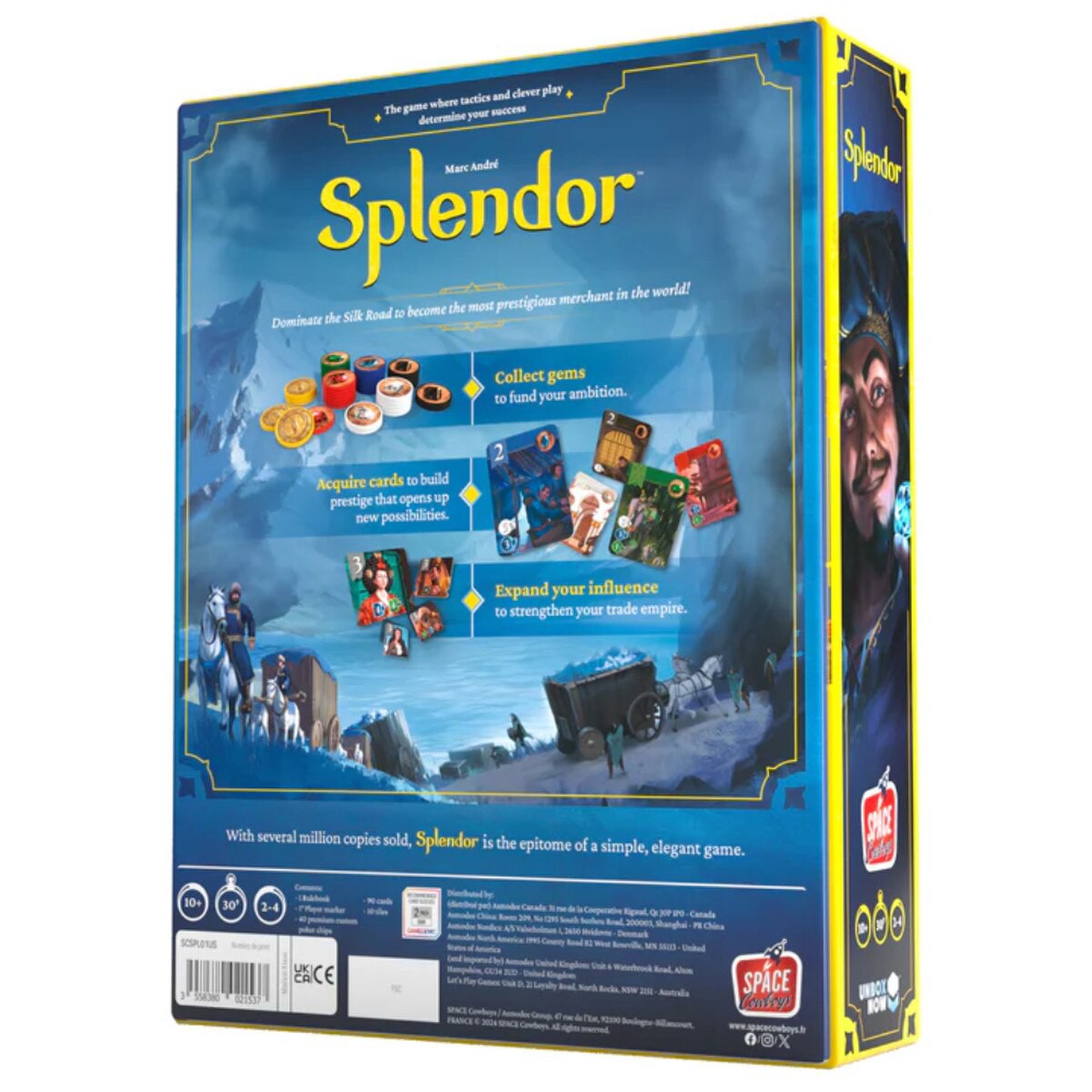 Splendor board game back of box showing gameplay overview