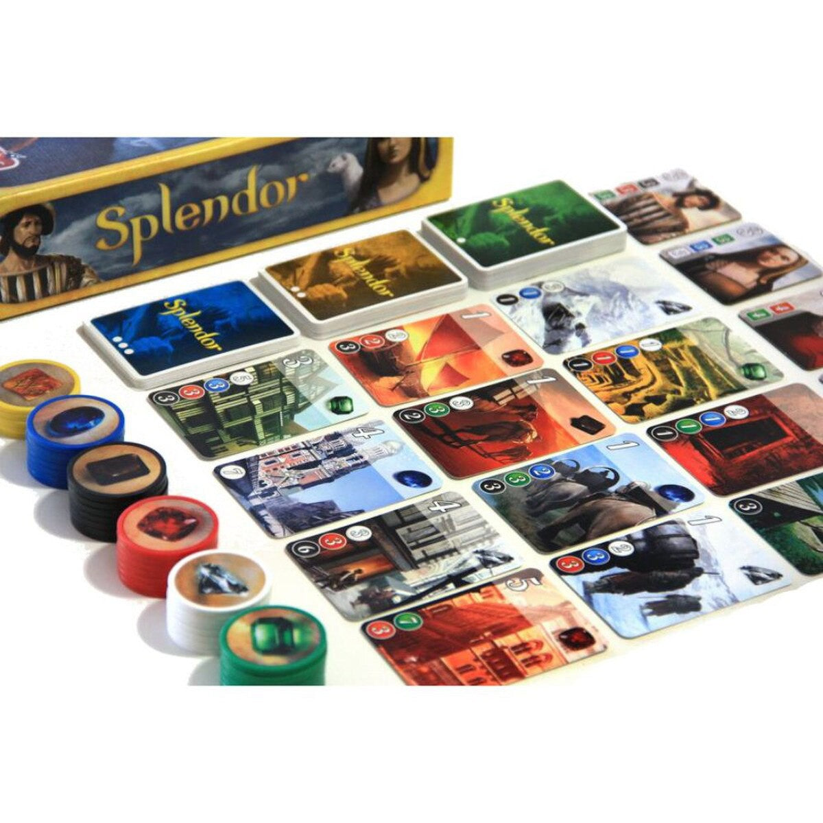 Splendor board game close-up of cards and gem tokens