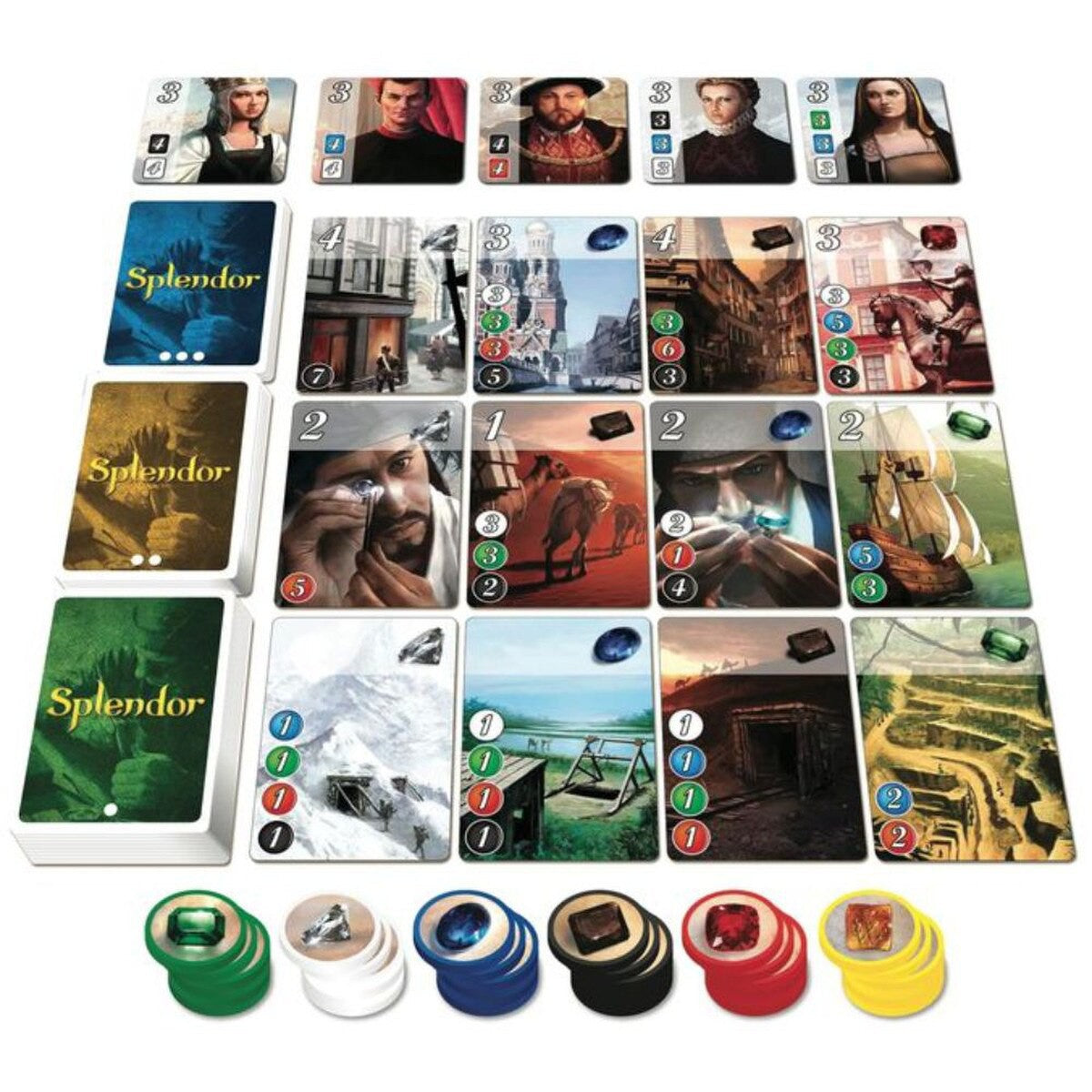 Splendor board game overhead view of cards nobles and gem tokens