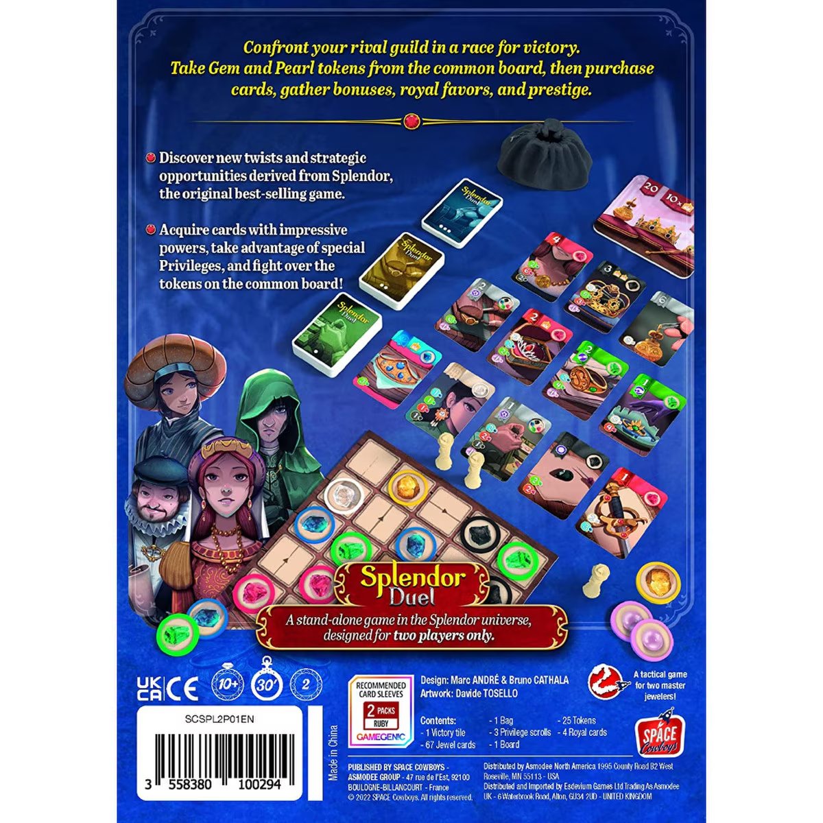 Back of Splendor Duel board game box showing components, game overview and two player strategy features