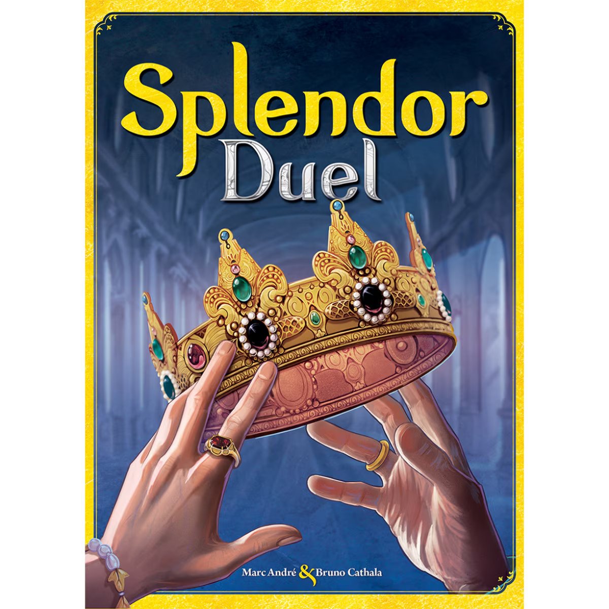 Front cover of Splendor Duel standalone two player board game with jeweled crown artwork