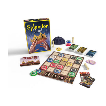 Splendor Duel standalone 2 player strategy board game with shared token board, cards, royal cards and game components