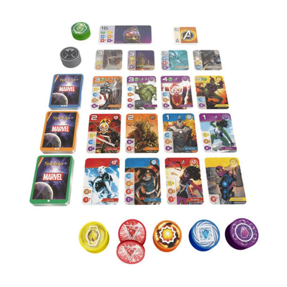 Splendor Marvel board game components with character cards tokens and location tiles