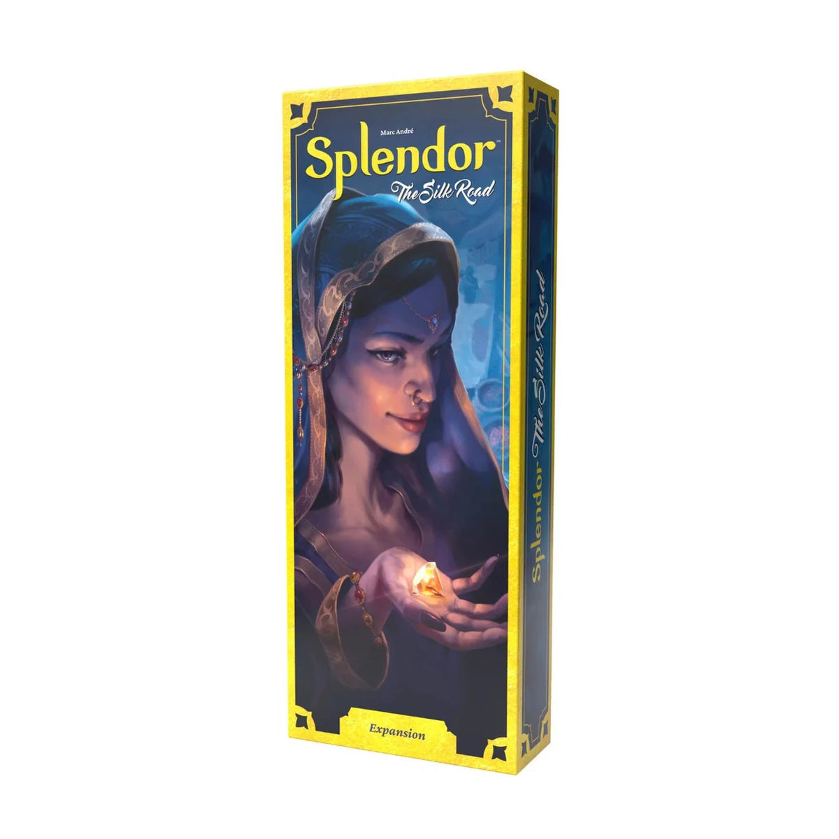 Angled view of Splendor The Silk Road Expansion box with blue and gold artwork and expansion branding