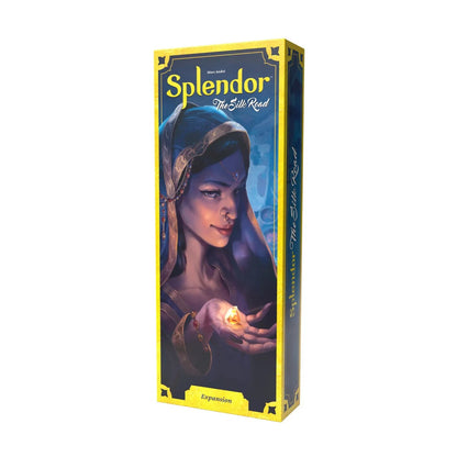 Angled view of Splendor The Silk Road Expansion box with blue and gold artwork and expansion branding