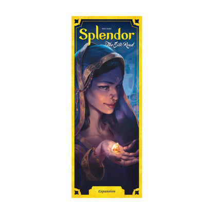 Splendor The Silk Road Expansion box front showing elegant blue and gold artwork with a jewel trader holding a gemstone