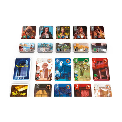 Splendor The Silk Road Expansion components showing city tiles, trading post tiles, noble tile, and Splendor cards