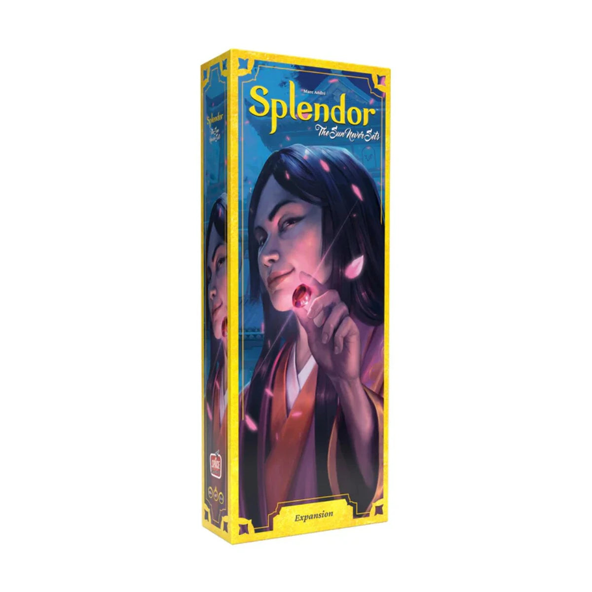 Angled view of Splendor The Sun Never Sets Expansion box with blue and gold artwork and expansion branding