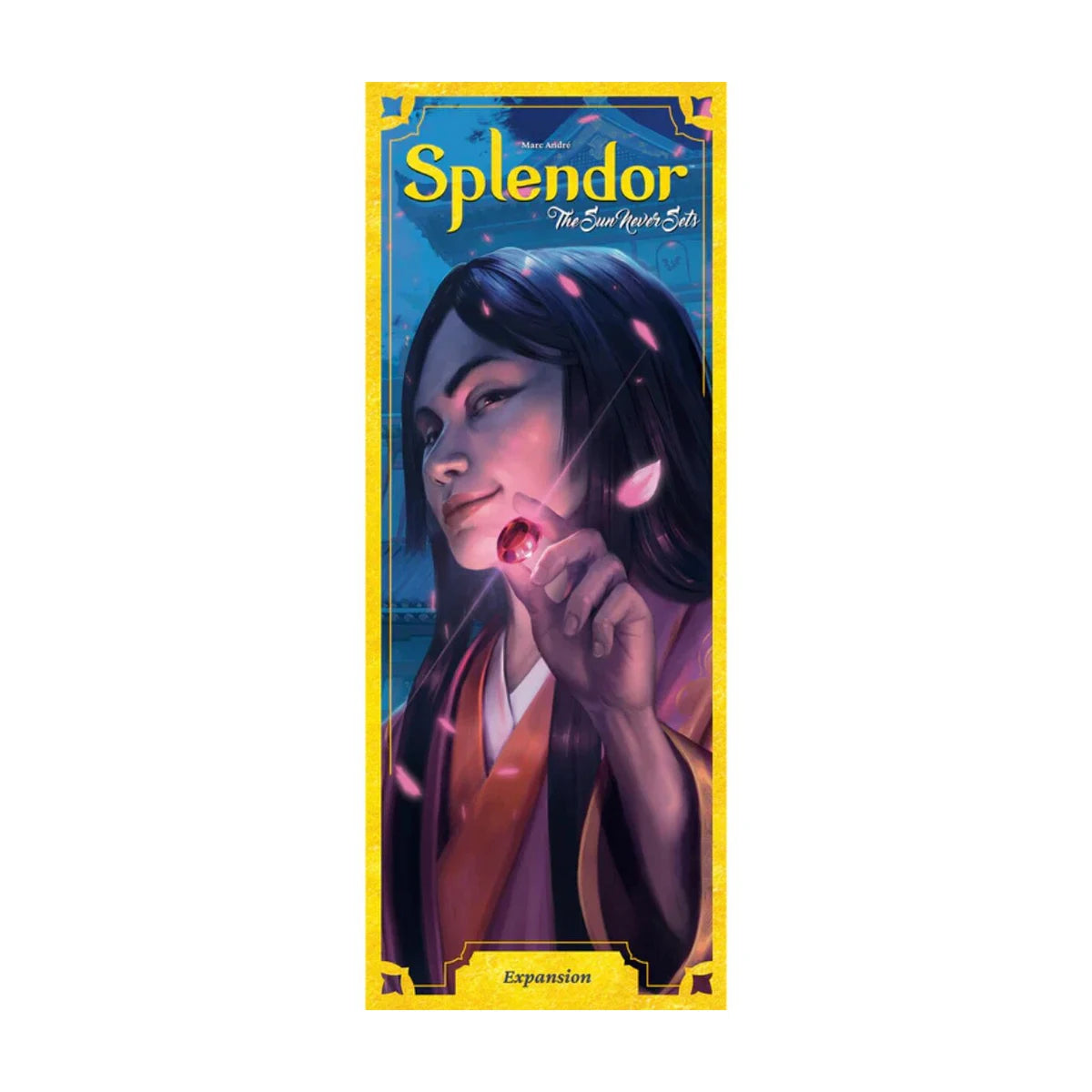 Splendor The Sun Never Sets Expansion box front showing elegant blue and gold artwork with a trader holding a red gemstone