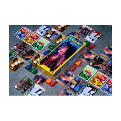 Splendor The Sun Never Sets Expansion components arranged with development cards, strongholds, and expansion box