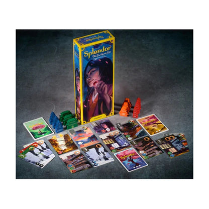 Splendor The Sun Never Sets Expansion gameplay setup showing orient cards, strongholds, and expansion components with the box in the centre