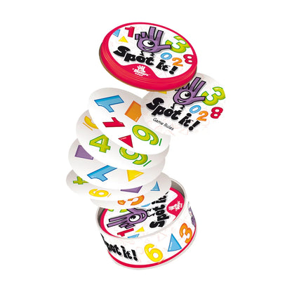 Spot it 123 box game cards and tin for number and shape matching