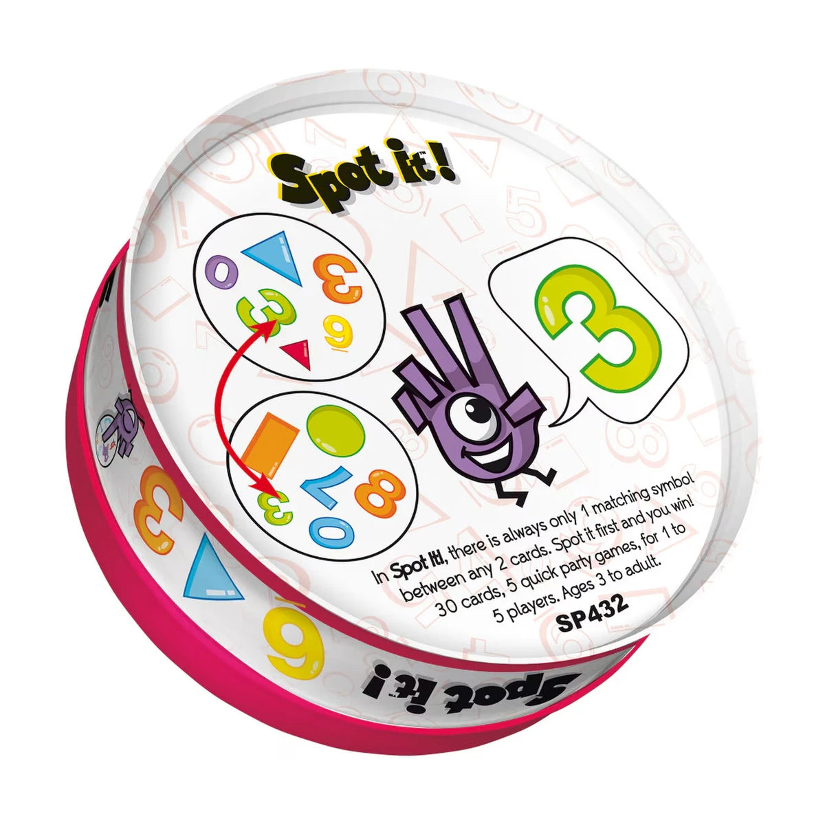 Spot it 123 game tin open with matching rules graphic