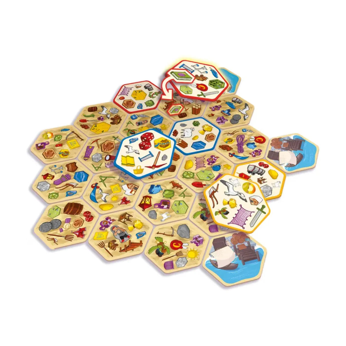 Spot It Catan gameplay cards and island tiles spread out on the table