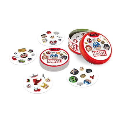 Spot It Marvel card game tin with cards spread out on display